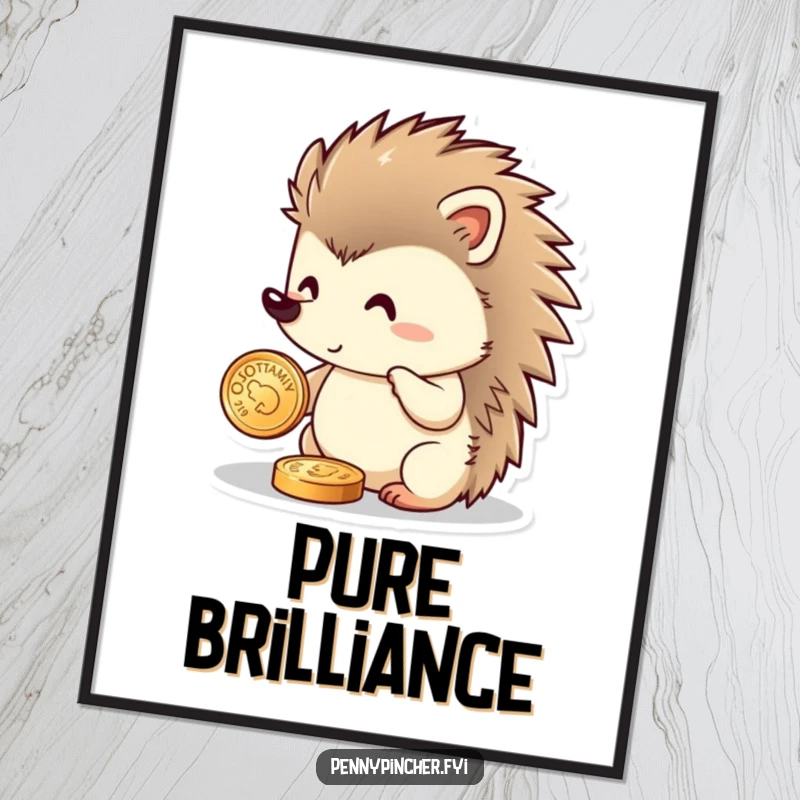 Funny hedgehog digital art print of a proud hedgehog character polishing a small, glittery coin, adding a humorous and charming touch.