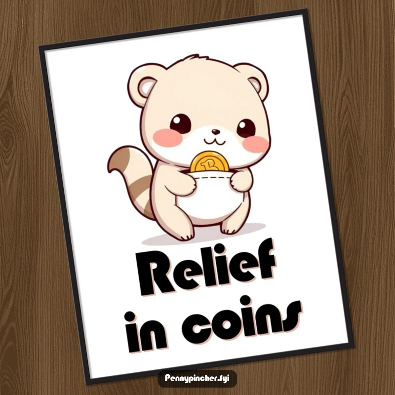 Funny Digital Art Print of a happy, relieved animal character discovering a coin in its pocket, bringing instant joy and humor to any room.