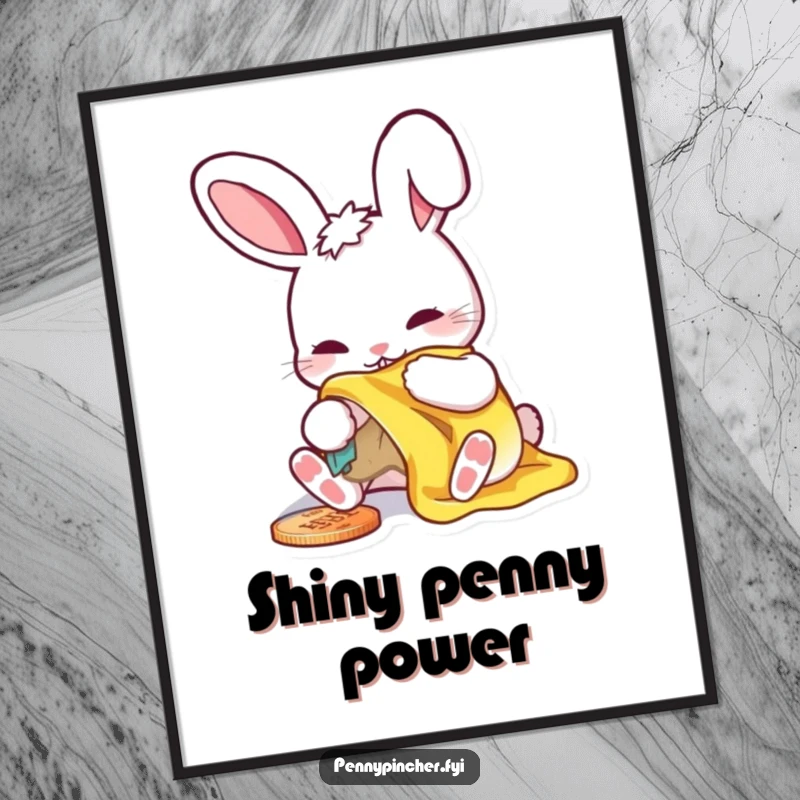 Funny digital art print of a rabbit meticulously polishing a shiny penny with a cloth, high-quality.