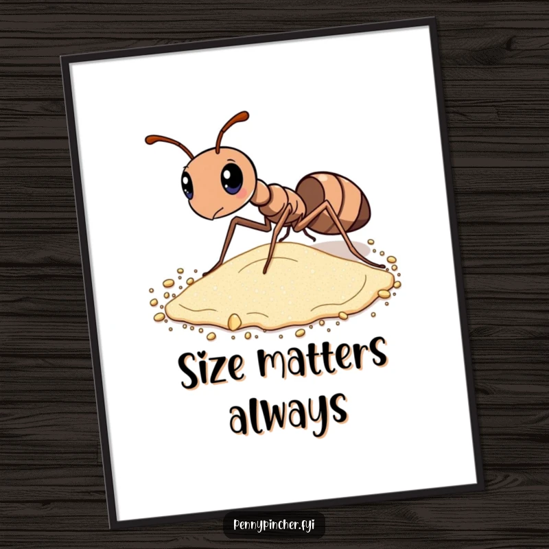 Funny digital art print of a diligent ant meticulously sorting grains of sand by size, ready to print.