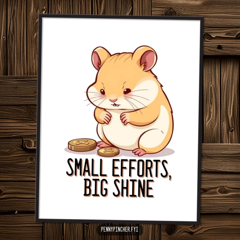 Funny determined hamster meticulously polishing a shiny penny until it gleams, a high-resolution digital download.