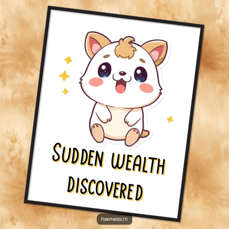 Funny surprised animal digital art print, wide-eyed and amazed finding a coin, a high-resolution humorous artwork.