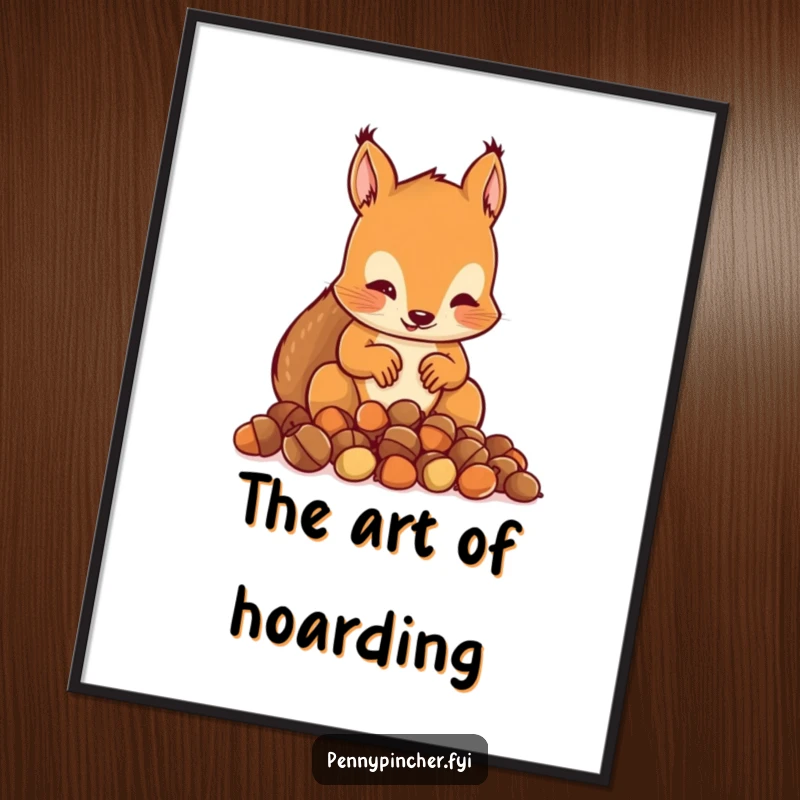 Funny digital art print of a squirrel character meticulously counting a small pile of acorns, embodying diligent fun.
