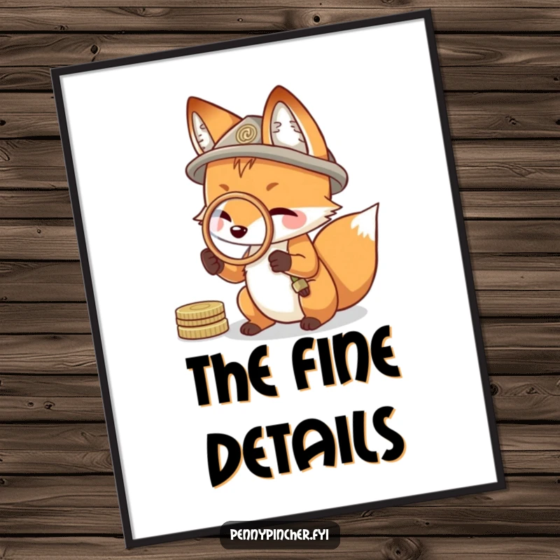 Funny digital art of a resourceful fox examining something closely with a coin acting as a magnifying glass, symbolizing curiosity and wit.