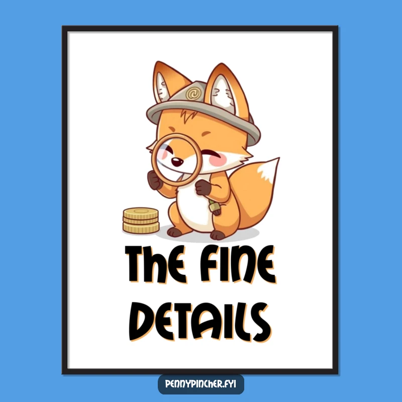 Funny Resourceful Fox Digital Art: Coin Magnifier Investigation Print