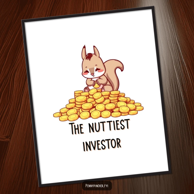 Funny digital art print of a squirrel character meticulously counting shiny coins, perfect for instant humorous financial decor.