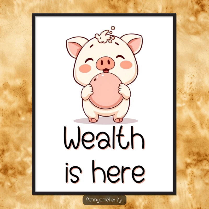 Funny digital art print, animal character proudly displaying an overflowing piggy bank, a humorous illustration of financial abundance for printable decor.