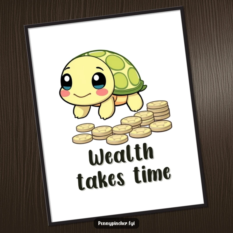 Funny Digital Art Print of a turtle character slowly moving towards a pile of pennies, symbolizing patient accumulation.