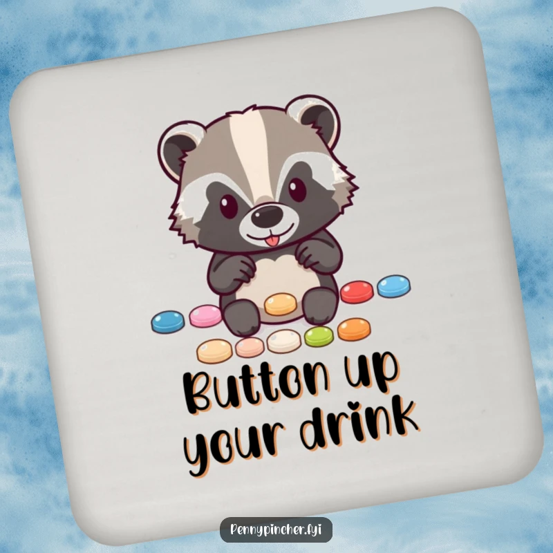 Funny drink coaster featuring a diligent badger character organizing a neat row of shiny buttons, protecting surfaces.