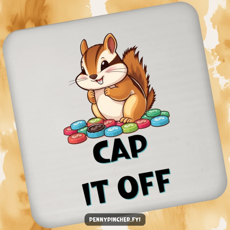 Funny chipmunk drink coasters, showcasing a meticulously arranged pile of bottle caps, adding a humorous touch to table protection.