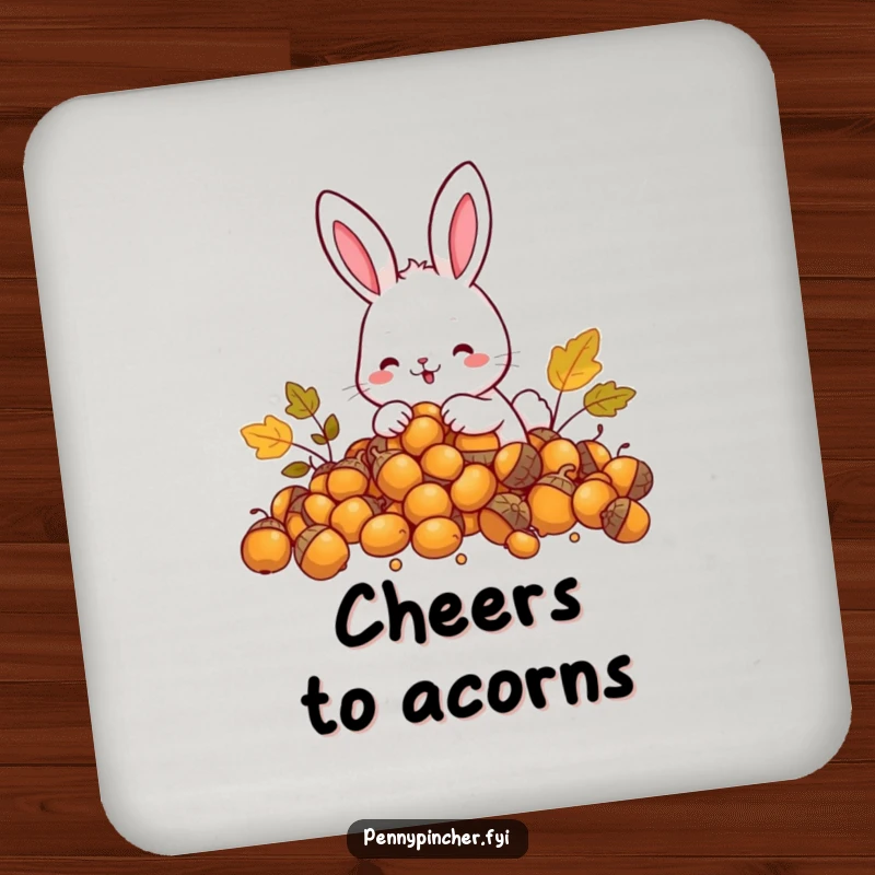 Funny Rabbit Coaster: A happy rabbit character counting golden acorns, offering delightful surface protection.
