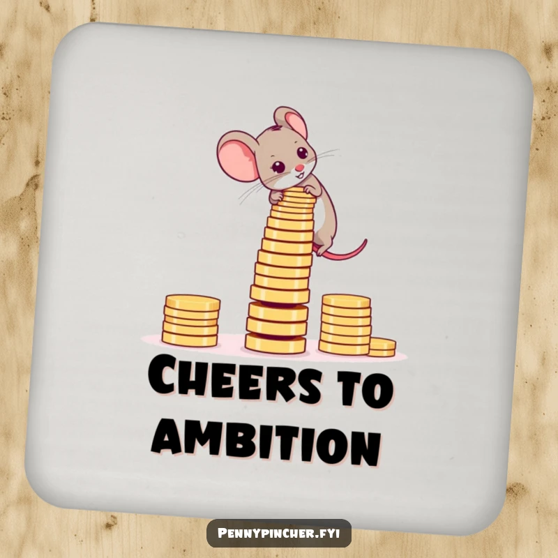 Funny Drink Coaster showcasing an ambitious mouse carefully stacking coins into a teetering tower.