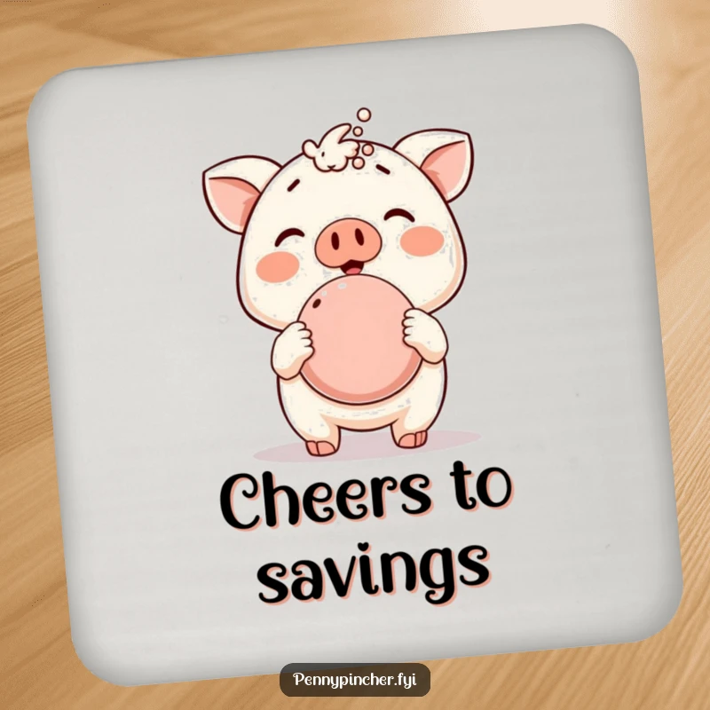 Funny drink coaster, animal character proudly displaying an overflowing piggy bank, protecting surfaces with a humorous nod to financial success.