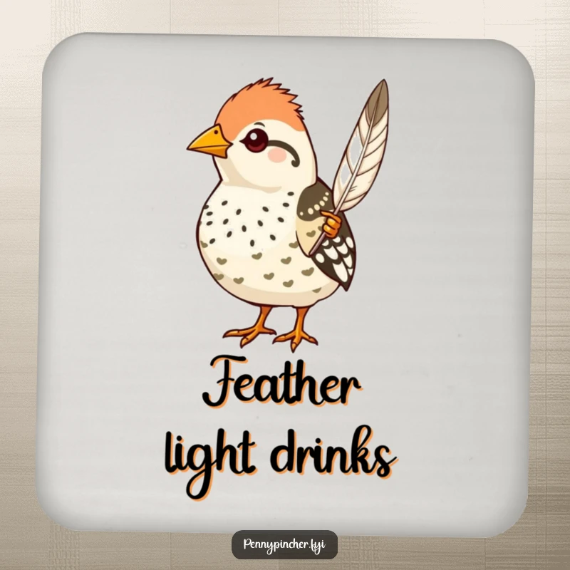 Funny quail drink coaster, a proud character showing off a feather, humorous surface protection with elegance.