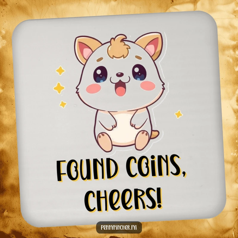 Funny surprised animal coaster, looking shocked and delighted at a found coin, a humorous and practical table accessory.