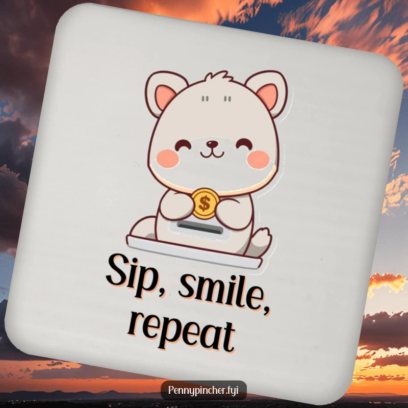 Funny animal character coaster featuring a cheerful creature happily placing a coin into a slot, designed to protect surfaces humorously.