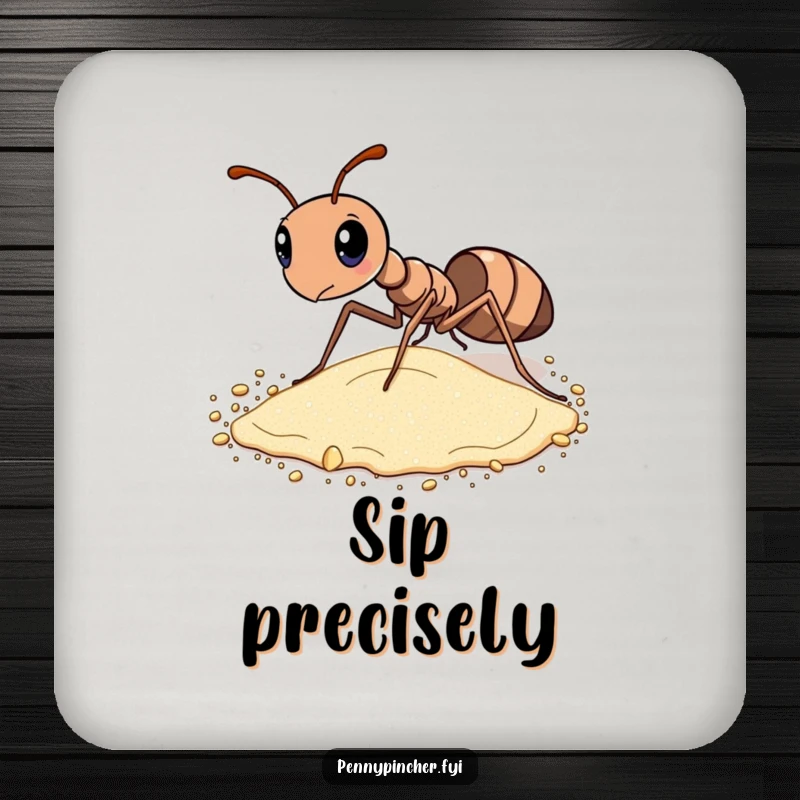 Funny drink coaster featuring a diligent ant meticulously sorting grains of sand by size, adding humor to tabletops.