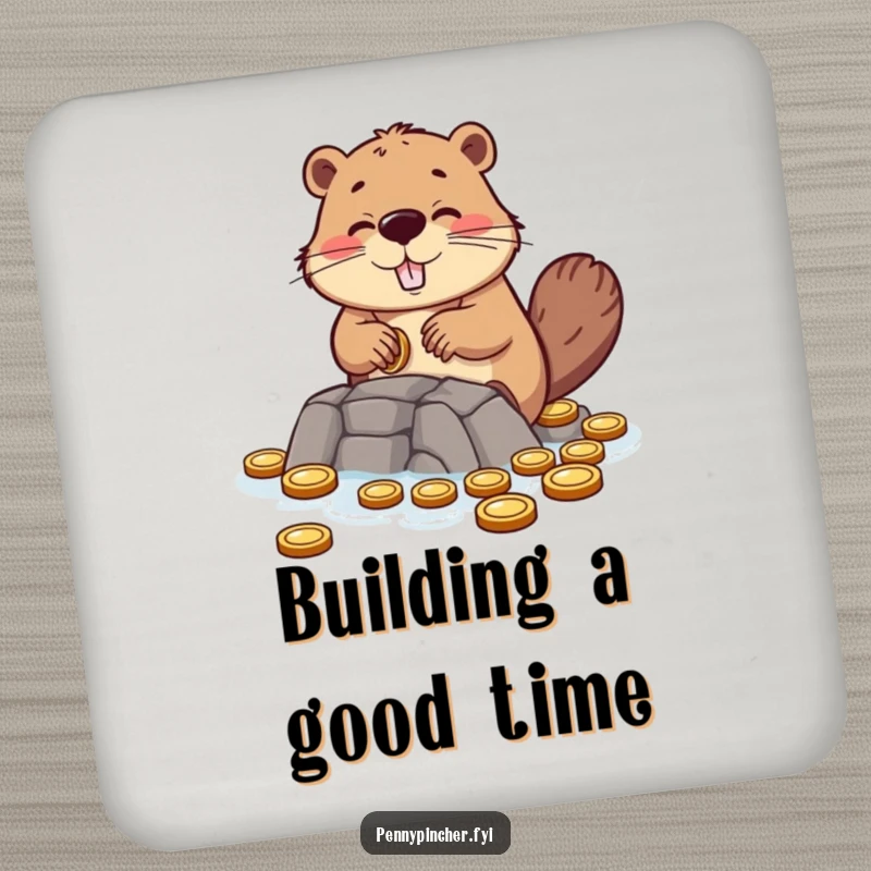 Funny drink coasters featuring a hopeful beaver character building a dam out of small coins, adding a touch of charm.