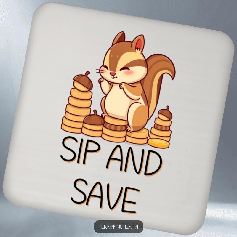 Funny chipmunk character drink coaster, diligently stacking acorns into coin shapes, a humorous and practical addition to any table.