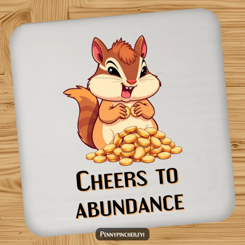 Funny determined chipmunk character drink coasters, hoarding coins, adding a touch of ambition to your table.