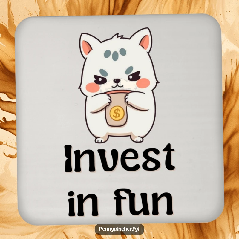 Funny drink coaster, determined animal character holding a coin purse, protecting surfaces with a humorous nod to financial prudence.