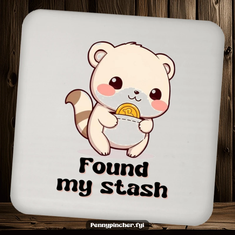 Funny Drink Coaster featuring a relieved animal character with a happy expression, having found a coin in its pocket, perfect for adding humor.