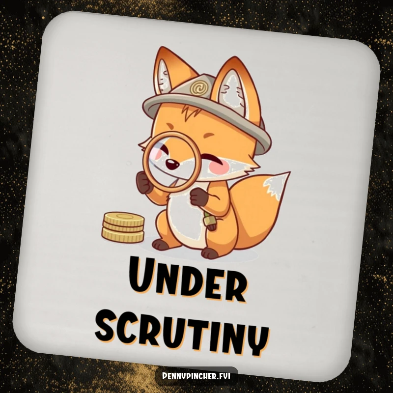Funny drink coaster showing a resourceful fox using a coin as a magnifying glass, protecting tables with humor.