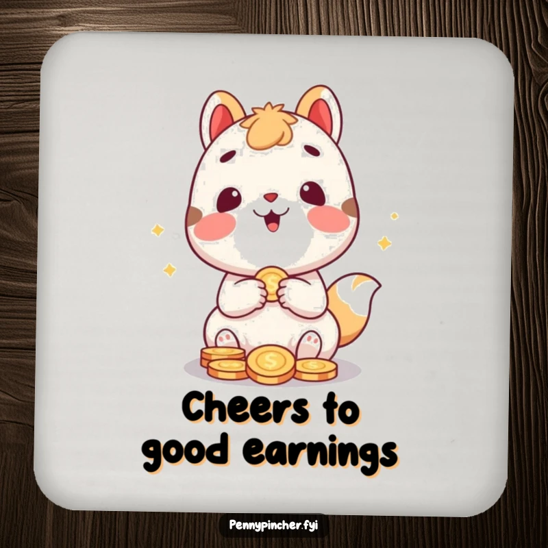 Funny drink coasters featuring a cute animal character gleefully counting coins, a humorous and practical addition to any home.