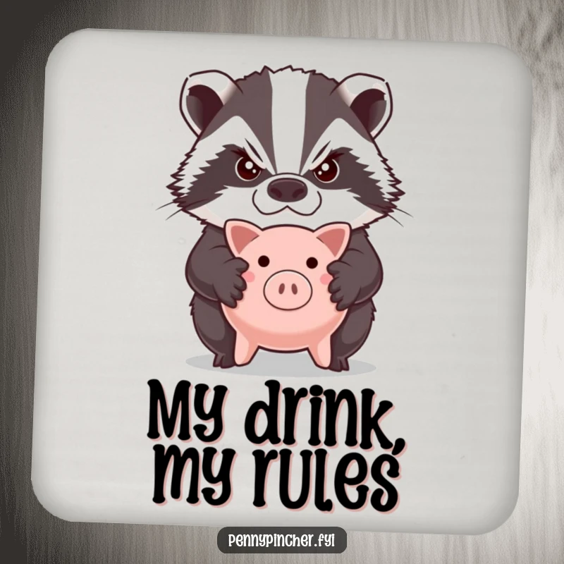 Funny drink coaster featuring a grumpy badger character with crossed arms, guarding a tiny piggy bank.