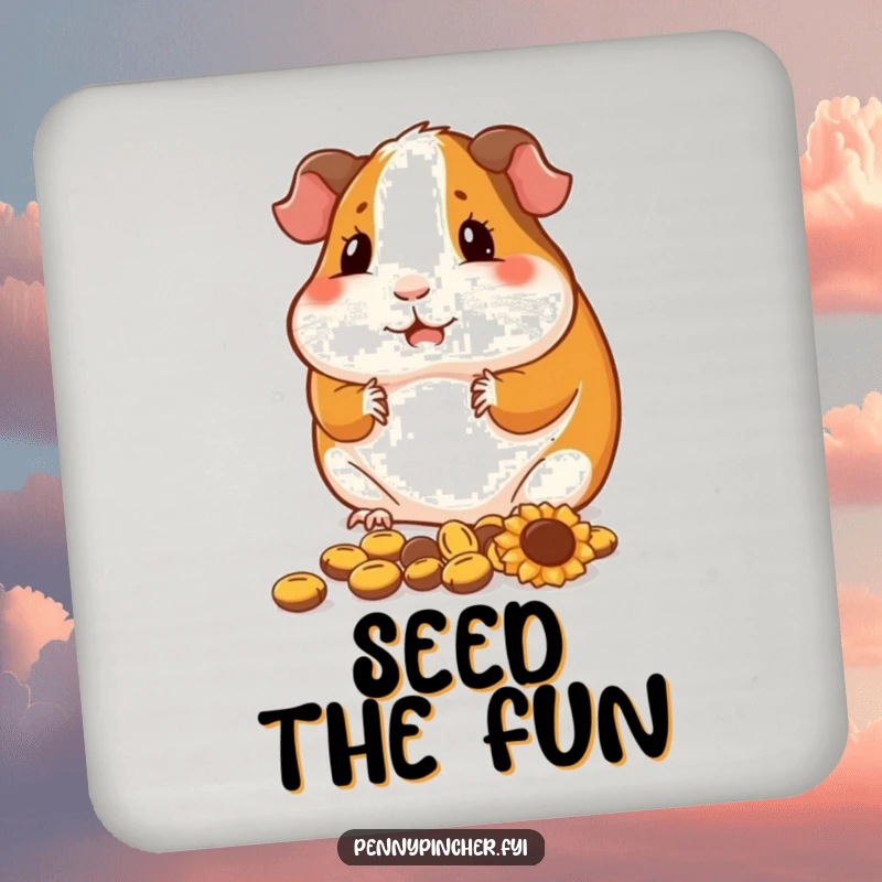 Funny guinea pig drink coaster, a contented character arranging sunflower seeds, humorous surface protection.