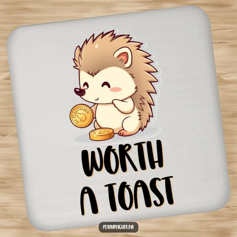 Funny hedgehog drink coaster featuring a proud hedgehog polishing a small, glittering coin, protecting surfaces with humorous flair.