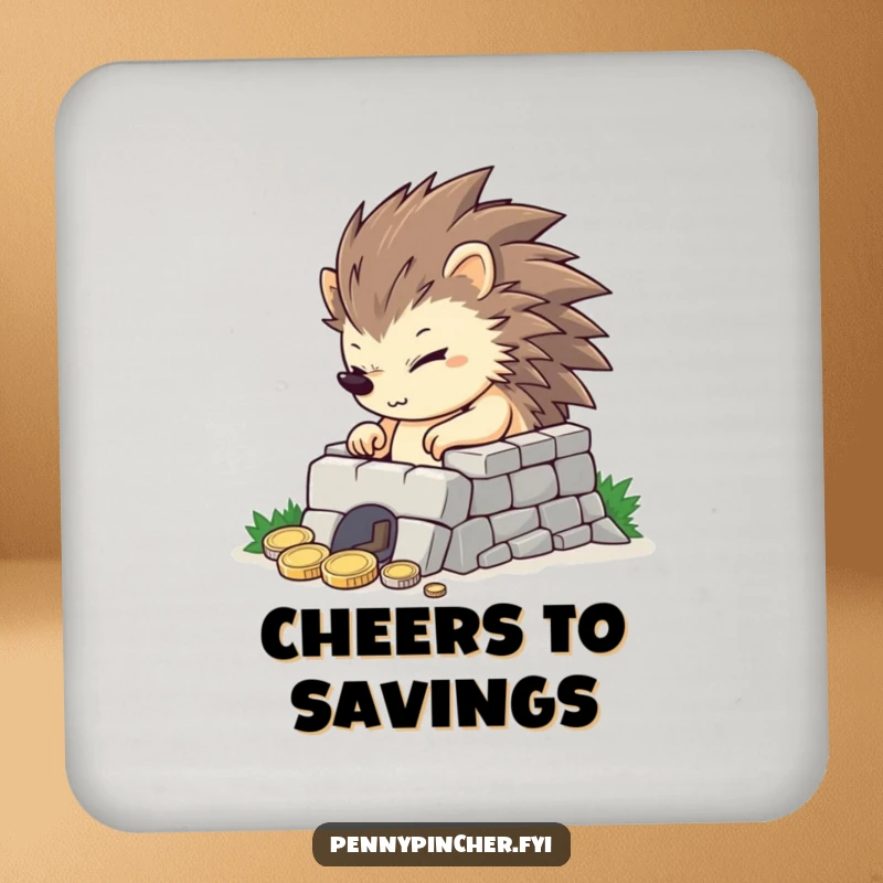 Funny determined hedgehog building a tiny coin fortress, a humorous coaster for drinks and display.