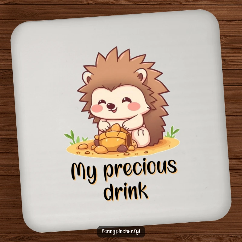 Funny Hedgehog Coaster: A happy hedgehog character diligently guards a pile of tiny treasures, keeping surfaces safe. Adorable funny gift!