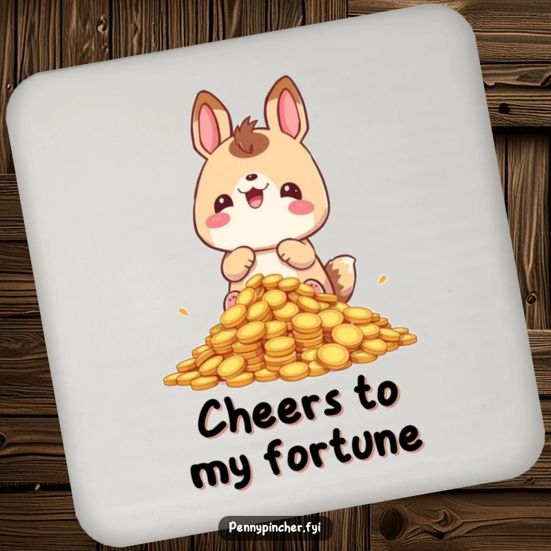 Funny hoarding animal coaster, joyfully guarding a pile of coins, a humorous and practical table accessory for collectors.