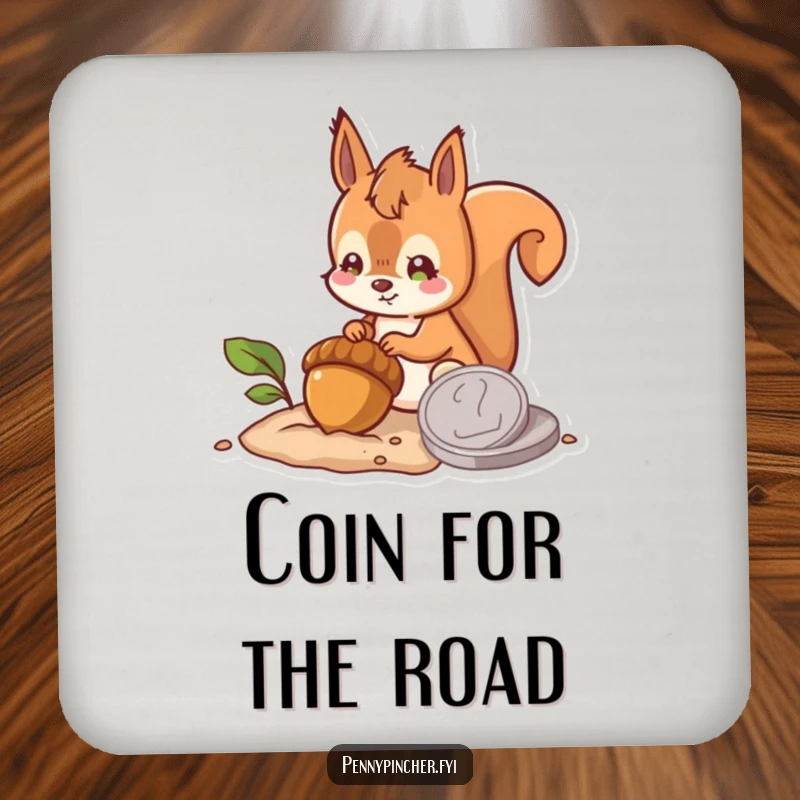 Funny drink coaster showing a hopeful squirrel character burying an acorn next to a large coin, adding humorous protection for surfaces with an optimistic theme.