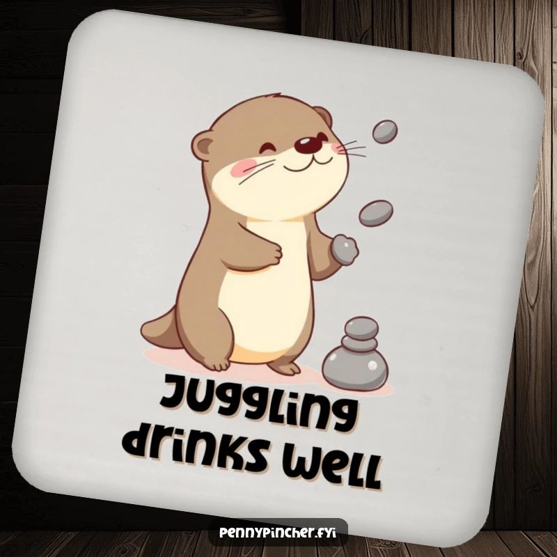 Funny otter drink coaster with a playful Kawaii character juggling stones, adding charm and skill.