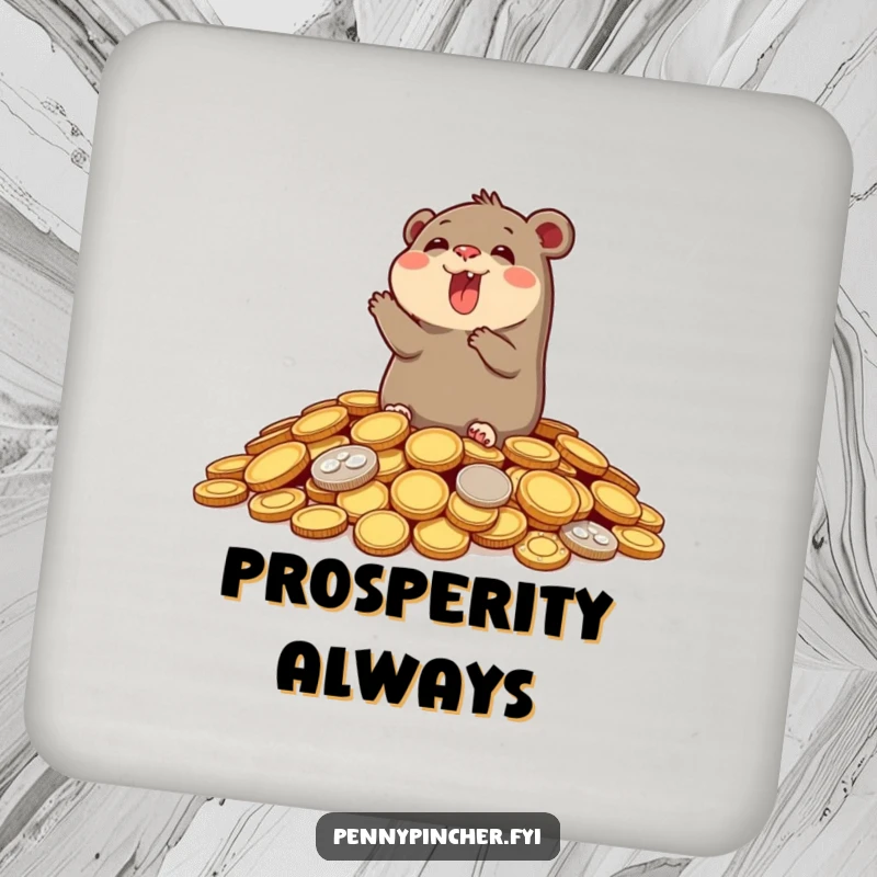 Funny drink coaster featuring a joyful mole emerging from a pile of coins, protecting surfaces with humor.