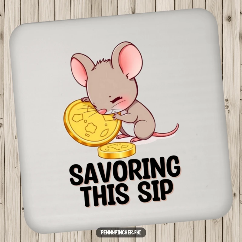Funny mouse drink coaster with a mouse character carefully examining a gold coin, perfect for protecting surfaces and adding a touch of detailed humor.