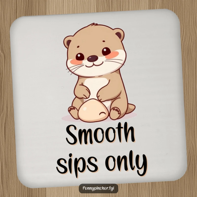 Funny otter drink coaster, a cheerful character playing with a small pebble, humorous surface protection.