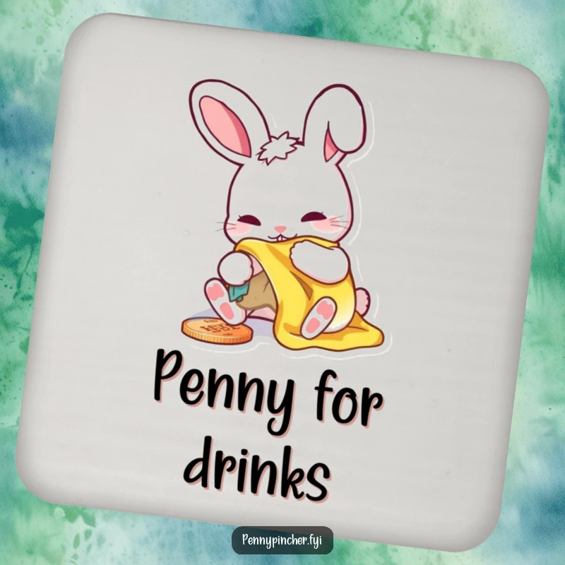 Funny drink coasters featuring a rabbit meticulously polishing a shiny penny, protecting surfaces humorously.