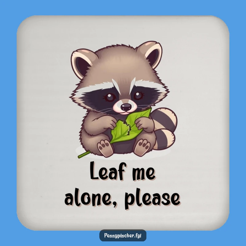 Funny Raccoon Mending Coaster: Coaster with a raccoon fixing a leaf, a funny gift.