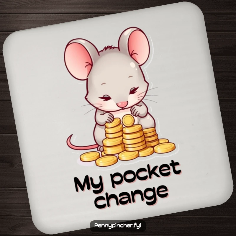 Funny drink coaster showing a shy mouse character carefully counting a small pile of coins, adding humorous protection for surfaces.
