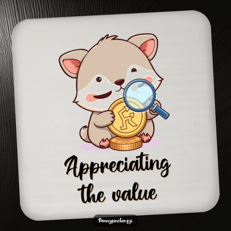 Funny drink coaster, animal character squinting with a magnifying glass over a coin, protecting surfaces with a humorous nod to scrutiny.