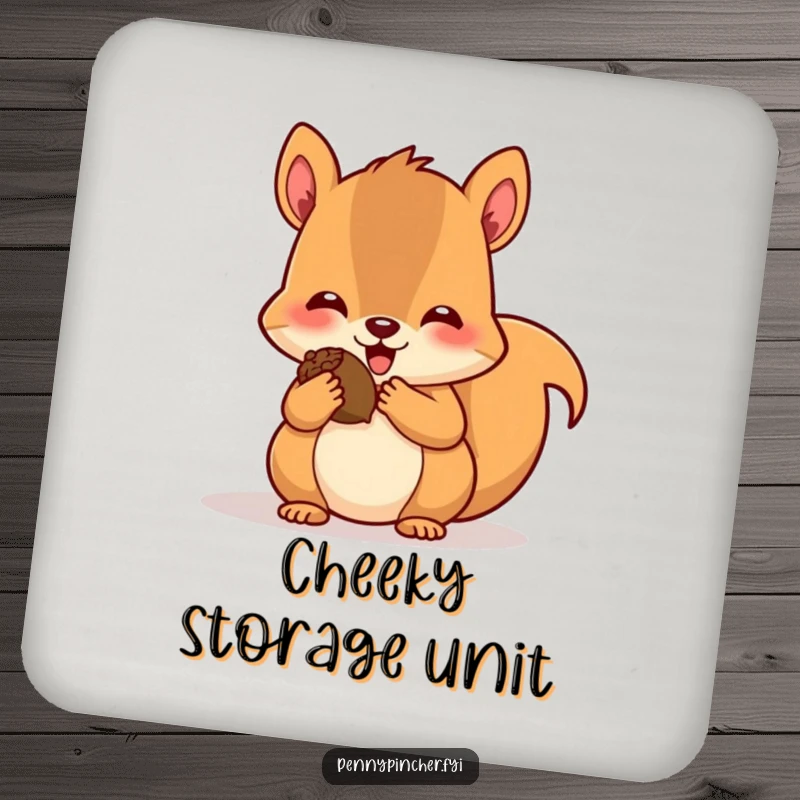 Funny drink coaster featuring a pleased squirrel character with full cheeks, hoarding acorns, adding a touch of woodland humor to any drink.