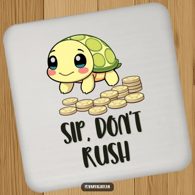 Funny Drink Coasters featuring a turtle character slowly moving towards a pile of pennies, adding humor to tabletops.