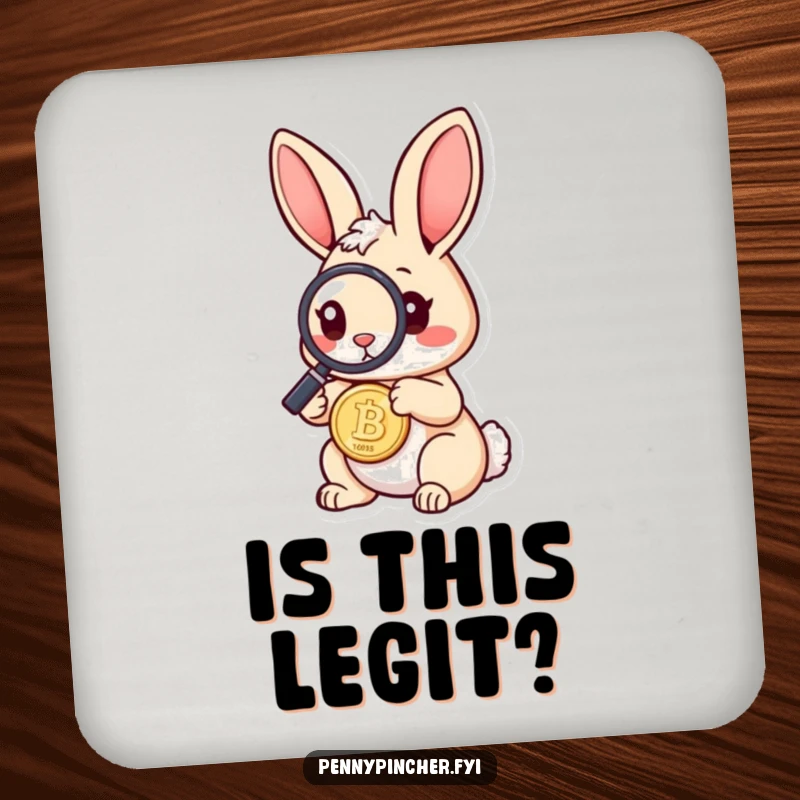 Funny rabbit drink coaster featuring a curious rabbit character using a magnifying glass to inspect a coin, protecting surfaces with humorous flair.