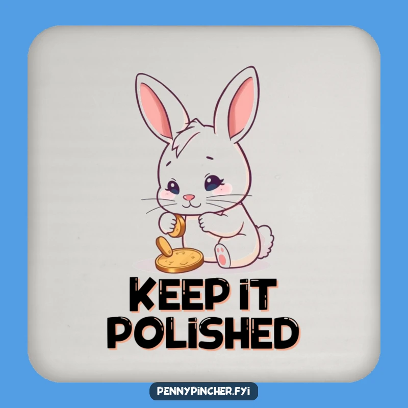 Funny Determined Rabbit Polishing Penny Coaster: Keep Surfaces Sparkling with Humor