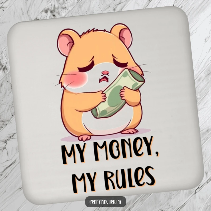 Funny worried hamster character clutching a small rolled-up bill, a humorous coaster for drinks.