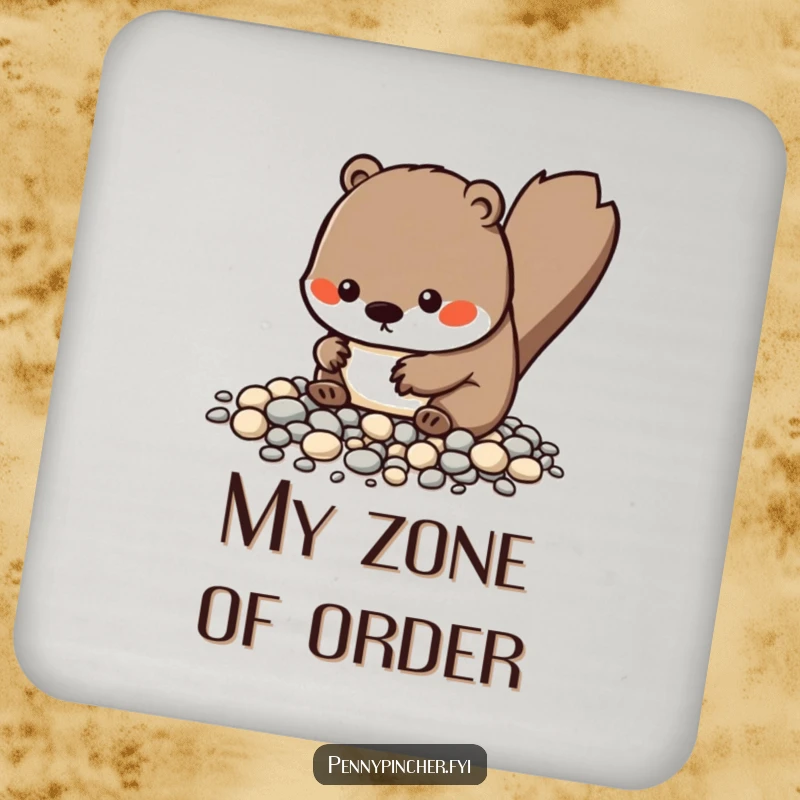 Funny Kawaii beaver drink coasters showcasing a character meticulously organizing tiny pebbles, adding humorous and tidy protection to surfaces.