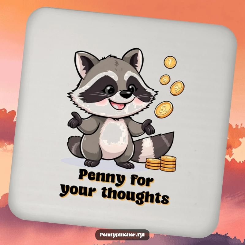Funny Raccoon Coaster: A clever raccoon character juggling shiny pennies, offering delightful surface protection.